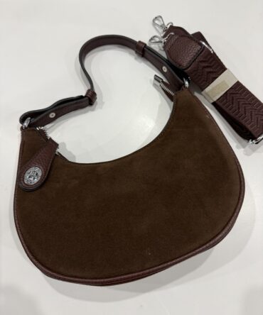 Brązowa torebka damska półksiężyc zamszowa z dwoma paskami