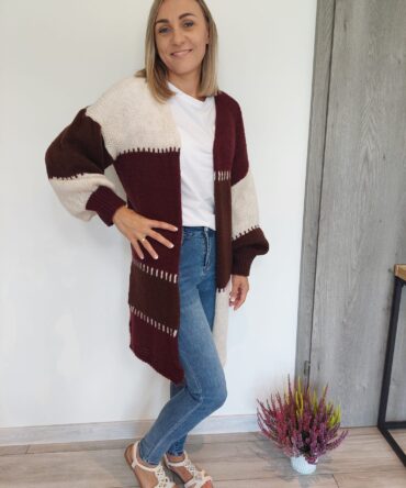 Długi kardigan damski w pasy – oversize brąz bordo ecru