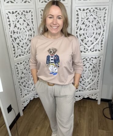 Bluzka, bluza z misiem kremowa rękawek 3/4 bawełna