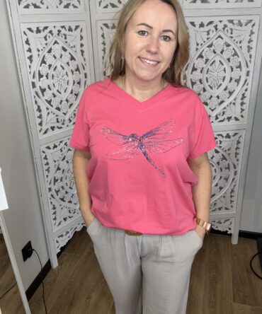 bluzka damska bawełniana v neck z aplikacją ważka