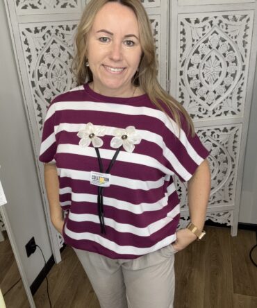 bluzka dzianinowa damska paski z kwiatem freestyle